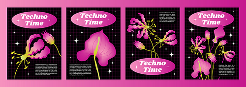 Y2k poster or cover design with bright pink flowers and text frame on black background. Vector illustration of vertical banners template with elements in 2000s retro style. Trendy flyer composition.