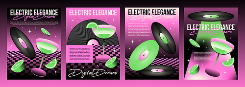 Set of y2k electronic music party posters. Vector realistic illustration of nightclub flyers, concert banners with cocktail glasses, vinyl platters, sparkling stars on pink background, retro style art