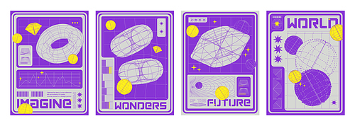 Set of retro futuristic y2k geometric posters. Vector realistic illustration of trendy retrowave flyers with 3D wireframe globe, torus, diamond shape elements and text on mesh landscape background