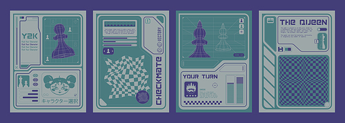 Y2k aesthetic poster or banner design with 2000s video game wireframe and pixel elements. Vector illustration set of trendy retro flyer and cover template with grid chess shapes and typography.