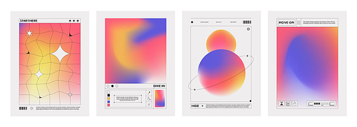 Retro poster or cover template in y2k aesthetic style with fluid color gradient background and grid abstract shape elements and text. Vector set of banner template in pastel iridescent colors.