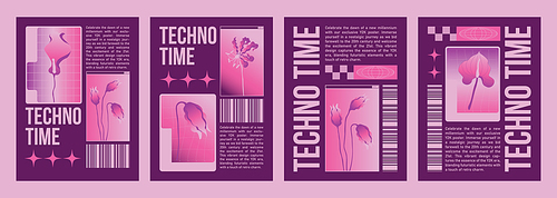 Y2k poster or cover design with bright pink flowers and text frame on purple background. Vector illustration of vertical banners template with elements in 2000s retro style. Trendy flyer composition.