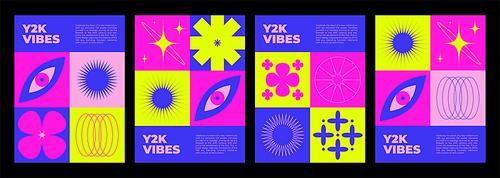 Y2k retro style poster design template with bright neon colored abstract simple groovy sticker. Vector set of cover and banner 2000s aesthetic layout with cute geometric elements and text box.