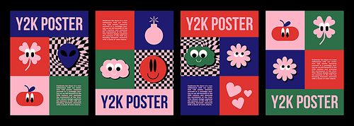 Y2k poster design template with bright abstract simple groovy sticker in bright acid colors. Vector illustration set of cover and banner 2000s aesthetic layout with cute psychedelic elements and text.