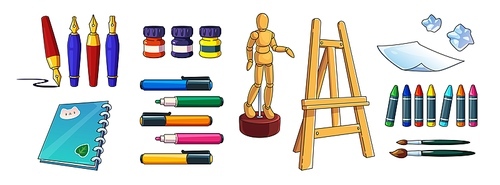 Paint easel with art tool and supplies cartoon set. Artist brush for school drawing on paper page with mannequin puppet. Sketchbook and stationery for study on painting workshop with wooden model