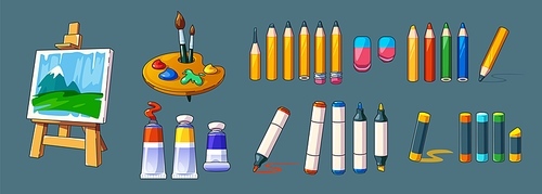 Art tools and materials collection with painting canvas on easel, palette with brushes and paint stains, pencils and markers, tubes with acryl and pastel crayon. Cartoon vector artist equipment.