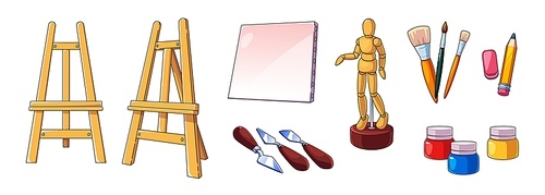 Art tools and supplies collection for artist school or hobby. Cartoon vector set of painting materials - canvas and easel, brushes and spatula, bottle with gouache paint, wooden mannequin and pencil.