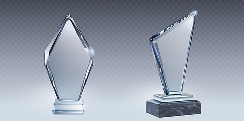 Set of 3D glass trophies isolated on transparent background. Vector realistic illustration of abstract rhombus shape winner awards on plastic, stone platforms, champion prize for best contest result