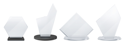 3D glass trophies set isolated on white background. Vector realistic illustration of abstract hexagon, square shape winner awards on transparent and black platforms, champion prize, success