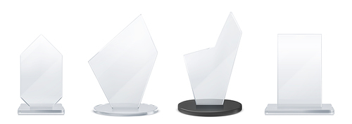 3D glass trophies set isolated on white background. Vector realistic illustration of abstract, rectangular shape winner awards on transparent and black platforms, champion prize, success