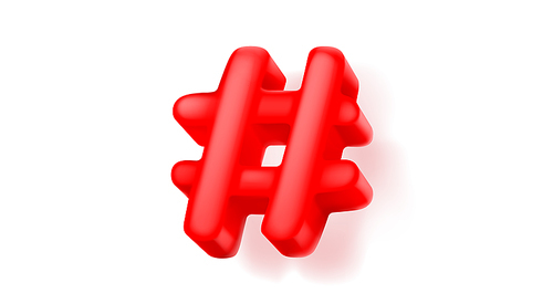 Red 3d hashtag symbol. Realistic vector illustration of hash tag icon for social media concept. Single balloon inflatable volumetric typography symbol with shadow for comment and tweet message.