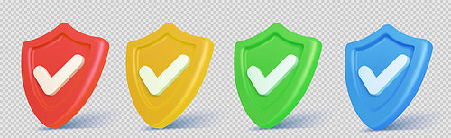 3d shield icon with safety check badge vector. Secure tick mark for quality guard guarantee. Isolated protect checkmark for medical business or antivirus warranty emblem design. Health defense sign