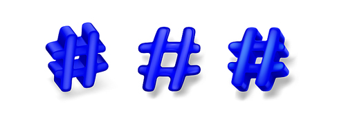 Hashtag 3D signs set isolated on white background. Vector realistic illustration of social media app or website user interface design elements in blue color, key topic symbol front and side view