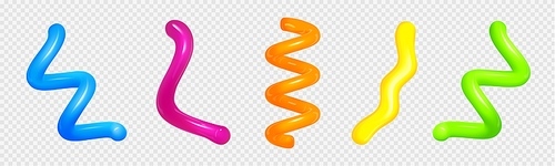 Realistic set of colorful 3D spiral lines isolated on transparent background. Vector illustration of abstract curvy design elements, glossy plastic tubes with paint inside, creative zigzag decor