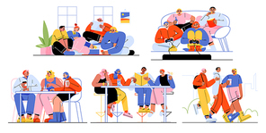 Friends spend time together, play games, eat and walk. Young people group sitting in bar with drinks, at table in cafe, playing video and board games, vector flat illustration