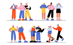 School bully torment classmates. Aggressive teenagers laugh and pointing on helpless students. Teens violence and sabotage. Characters bullying, aggression, conflict, Line art flat vector illustration