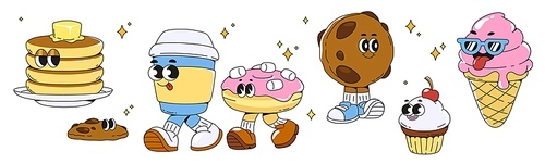 Groovy dessert characters set isolated on white background. Vector cartoon illustration of retro restaurant mascots, sweet food, pancake, chocolate cookie, donut, ice cream, muffin, coffee cup smiling