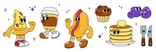 Food groovy cartoon character set with cute smiley faces. Fast food and drink with emotions - pizza triangle piece and hot dog with sausage, plastic cup of coffee and pancakes, muffin and blueberries.