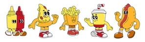 Groovy fast food characters set isolated on white background. Vector cartoon illustration of retro restaurant mascots, ketchup and mustard bottles, pizza, french fries, cup of soda, hotdog smiling