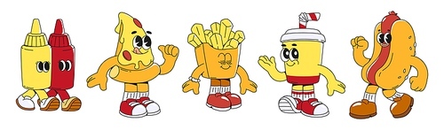 Groovy fast food characters set isolated on white background. Vector cartoon illustration of retro restaurant mascots, ketchup and mustard bottles, pizza, french fries, cup of soda, hotdog smiling