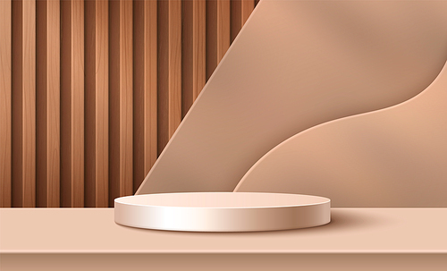 Cylinder product podium in beige pastel studio room interior with wood striped and abstract wave layers decorative elements and shadow on wall. Realistic 3d vector minimal goods display platform.