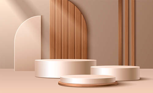 Cylinder three steps stair product podium in beige pastel studio room interior with wood striped arch decorative elements and shadow on wall. Realistic 3d vector showcase stage for goods promotion.