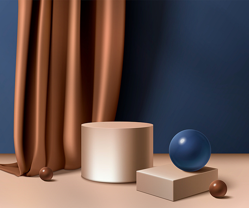 Elegant 3D cylinder podium on silk cloth background. Vector realistic illustration of luxury product presentation showroom with blue ball, brown satin drape curtain, beige round and square platforms