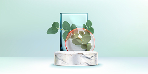 Grey stone marble cylinder podium mockup with plant branch with green leaves, transparent glass rectangle and circle decorative shape in pastel colored room with floor and wall for product display.