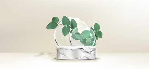 3D stone platform with eucalyptus branch and glass decoration on beige background. Vector realistic illustration of round marble stage for organic product presentation, exhibition display mockup