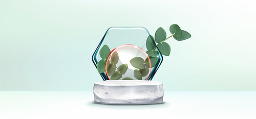 Stone product podium with green eucalyptus branch with leaves and glass decorative plates. Realistic vector illustration of minimal pastel scene with marble platform mockup for cosmetic showcase.