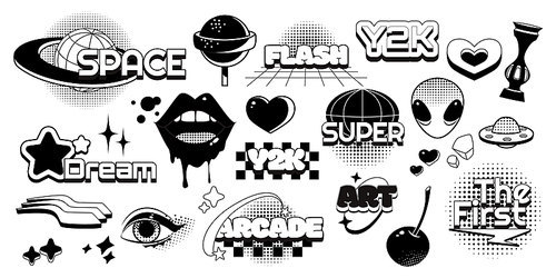 Black and white y2k stickers set isolated on background. Vector illustration of abstract retro art icons and words, planet, alien, ufo, heart, lips, star, eye, cherry symbols, psychedelic 90s design