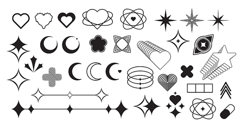 Retro futuristic black icons set isolated on white background. Vector illustration of y2k old style heart, star, flower, moon, cross shape symbols, vintage social media emoji, simple banner design