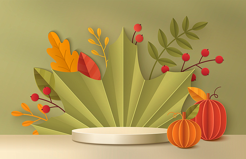 Autumn background with realistic 3d cylinder product podium and paper cut leaves, berries and pumpkins in studio room. Green, orange and yellow fall season plants with goods display platform.