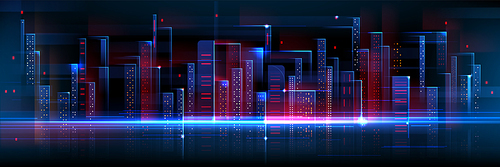 Abstract tech city with blue and red neon glow on black background. Realistic vector illustration of future technology town. urban landscape with skyscraper constructions and innovation network.