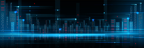 Abstract futuristic background with tech city. Skyscraper constructions with blue and red neon glow on black bg. Realistic vector illustration of technology town landscape with innovation network.