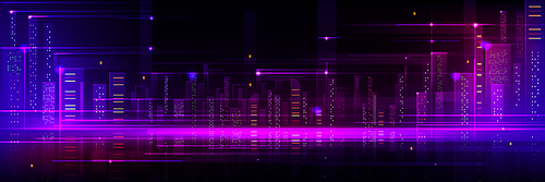 Purple tech city background. Abstract building bg. Smart futuristic neon cityscape design. Urban architecture with speed energy for metaverse or hologram panorama. Modern skyscraper network at night