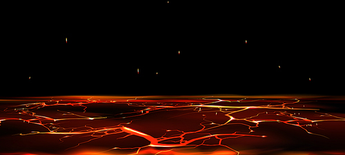 Crack ground or floor with red light glowing. Realistic vector illustration of broken molten volcanic terrain with fracture crash, bright energy burn lightening, floating flare sparkles and smoke.