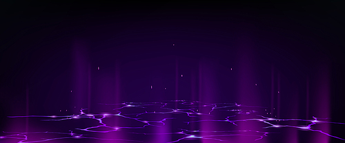 Ground surface with abstract light cracks. Vector realistic illustration of purple holes glowing on black background, mist and sparkling particles in air, magic energy effect, explosion demolition