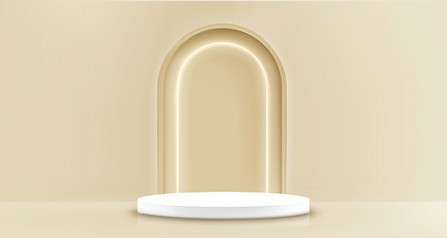 White cylinder product podium with neon glowing decorative arch in beige pastel studio room interior. Realistic 3d vector illustration of presentation pedestal stage. Empty geometric platform mockup