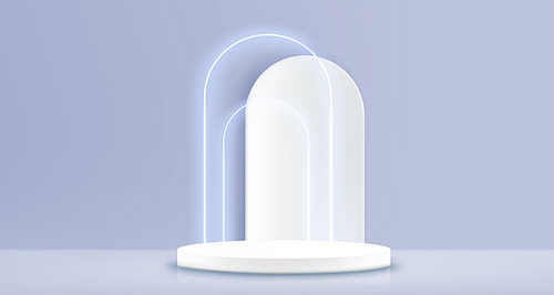 White cylinder product podium with neon glowing decorative arch in blue pastel studio room interior. Realistic 3d vector illustration of presentation pedestal or stage. Empty geometric platform mockup