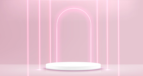 Pink pastel showroom interior with empty white cylinder product podium and neon glow arch and line decorative elements. Realistic 3d vector illustration of minimal presentation layout with platform.