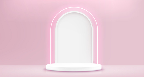 Round white podium on pink background. Vector realistic illustration of cylinder shape platform, pastel backdrop with arch decoration, cosmetic product presentation showroom, pastel pedestal mockup