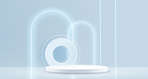 3d neon blue arch and white product podium pastel background. Light studio with abstract minimal space and geometric futuristic hologram scene. Empty circle platform in showroom with glowing line