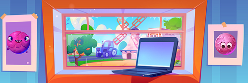 Laptop on windowsill of large window overlooking farm with windmill, tractor and fruit trees. Cartoon vector illustration of rural house room interior with computer, blue wallpapers and pictures.