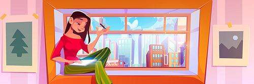 Young woman using tablet with pen sitting on windowsill overlooking city with skyscrapers. Cartoon vector view from glass on urban center. Girl reading or working at home with mobile device.