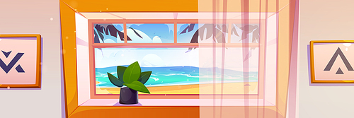 Window of cozy warm room from inside with curtain and plant in pot on windowsill, and view on sea or ocean beach with waves on water surface, sand and palm trees. Cartoon summer holiday scene.