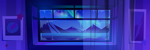 Night mountain lake view from chalet window. Vector cartoon illustration of colorful aurora borealis lights in dark starry sky seen from house, transparent curtain in room with pictures on wall