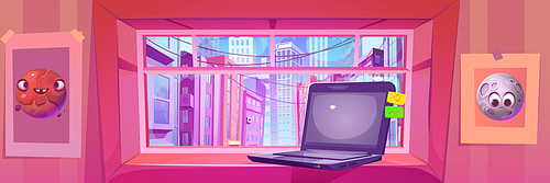 View on modern city through window of warm cozy room with laptop on windowsill and pictures on wall. Cartoon vector interior with portative computer on large glass opening and cityscape behind it.