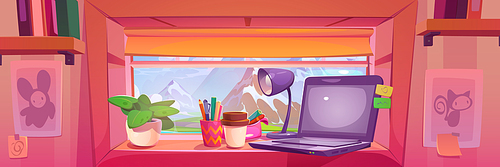 Laptop computer on window with mountain view. Vector cartoon illustration of blue lake water in green valley, computer, lamp and flowerpot on windowsill, pink room, pictures and bookshelves on wall