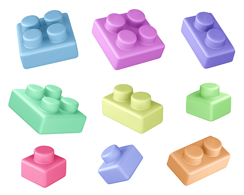 Plastic constructor bricks set isolated on white background. Vector realistic illustration of pastel colorful plastic construction blocks for education games, creativity development toys